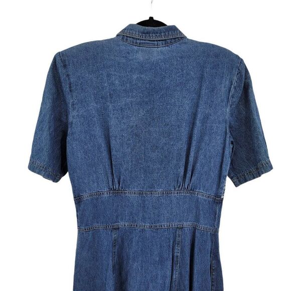 Vtg 80's Dress Embroidered Modest Denim Pinafore Prairie Maxi Pockets Sz S - Picture 10 of 11